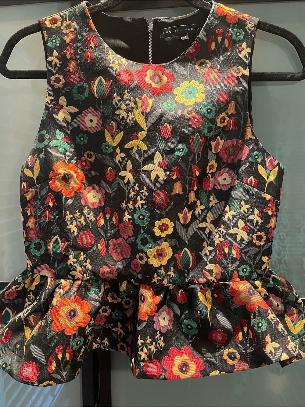 English Factory Black Floral Peplum Top with Multicolor Blooms